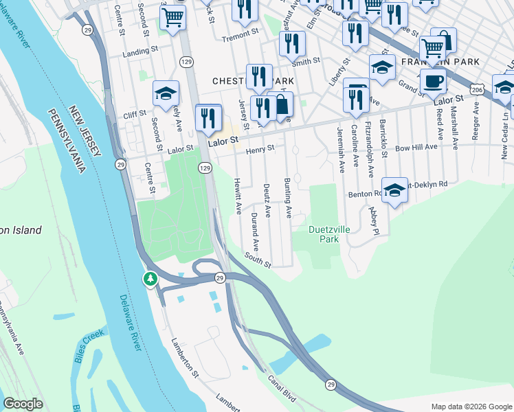 map of restaurants, bars, coffee shops, grocery stores, and more near 102 High Street in Hamilton Township