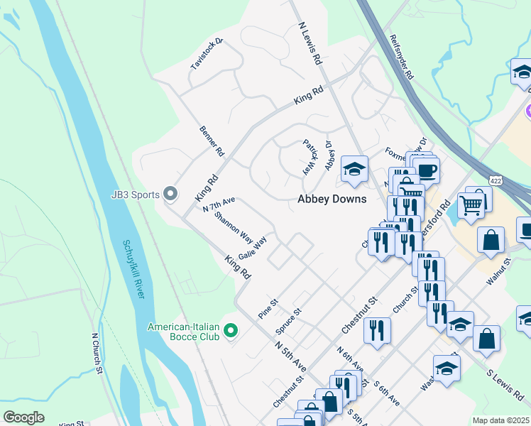 map of restaurants, bars, coffee shops, grocery stores, and more near 480 North 7th Avenue in Royersford