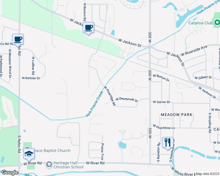 map of restaurants, bars, coffee shops, grocery stores, and more near 201 North Pineridge Court in Muncie