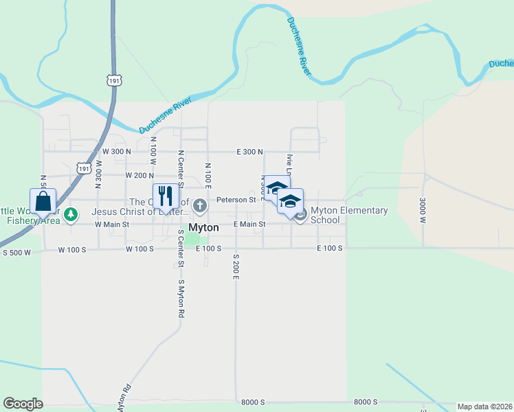 map of restaurants, bars, coffee shops, grocery stores, and more near 285 East 100 North in Myton