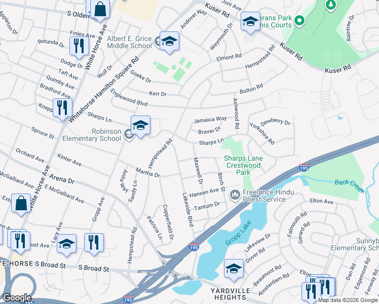 map of restaurants, bars, coffee shops, grocery stores, and more near 416 Maxwell Drive in Trenton