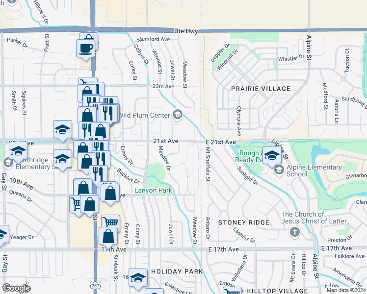 map of restaurants, bars, coffee shops, grocery stores, and more near 2052 Estes Lane in Longmont
