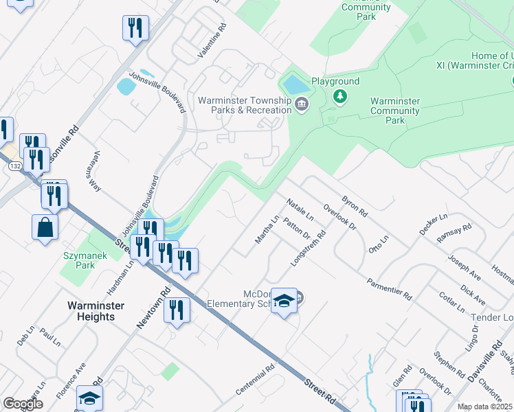 map of restaurants, bars, coffee shops, grocery stores, and more near 806 Newtown Road in Warminster