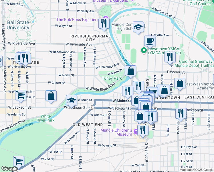 map of restaurants, bars, coffee shops, grocery stores, and more near 200 North Meeks Avenue in Muncie
