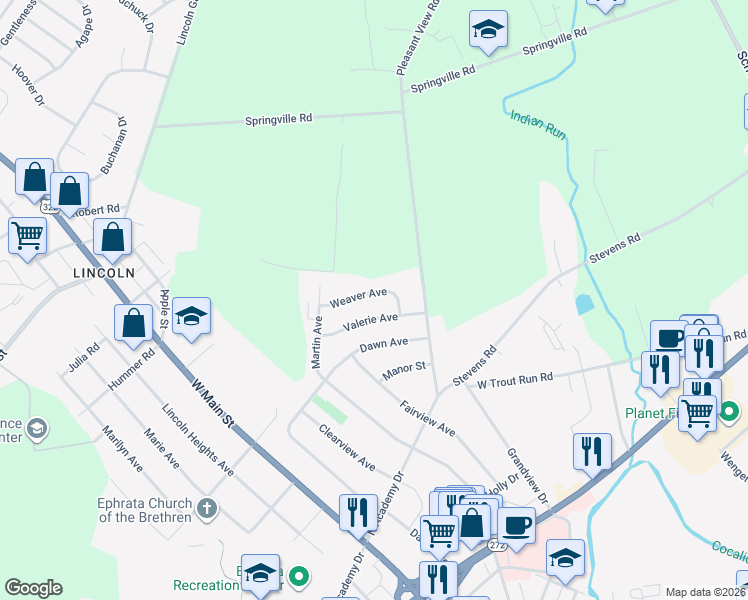 map of restaurants, bars, coffee shops, grocery stores, and more near 59 Weaver Avenue in Ephrata