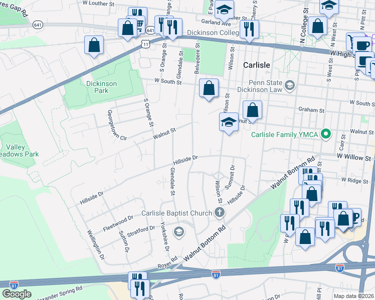 map of restaurants, bars, coffee shops, grocery stores, and more near 370 Belvedere Street in Carlisle