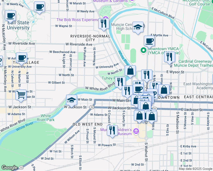 map of restaurants, bars, coffee shops, grocery stores, and more near 200 North Meeks Avenue in Muncie