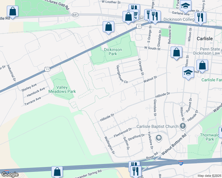 map of restaurants, bars, coffee shops, grocery stores, and more near 1303 Waidner Way in Carlisle