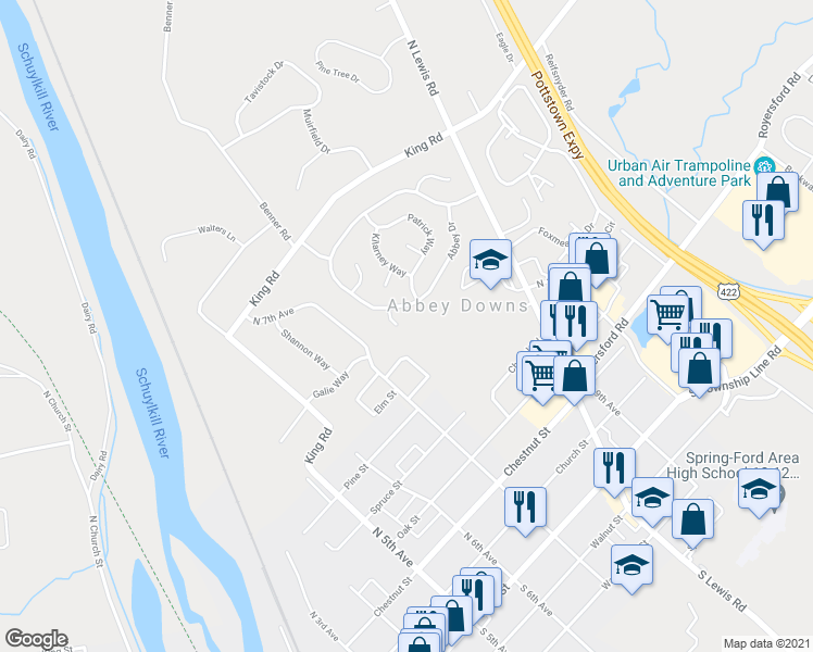 map of restaurants, bars, coffee shops, grocery stores, and more near 706 Colin Court in Royersford