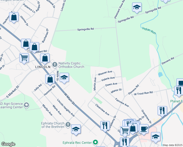 map of restaurants, bars, coffee shops, grocery stores, and more near 1302 Martin Avenue in Ephrata