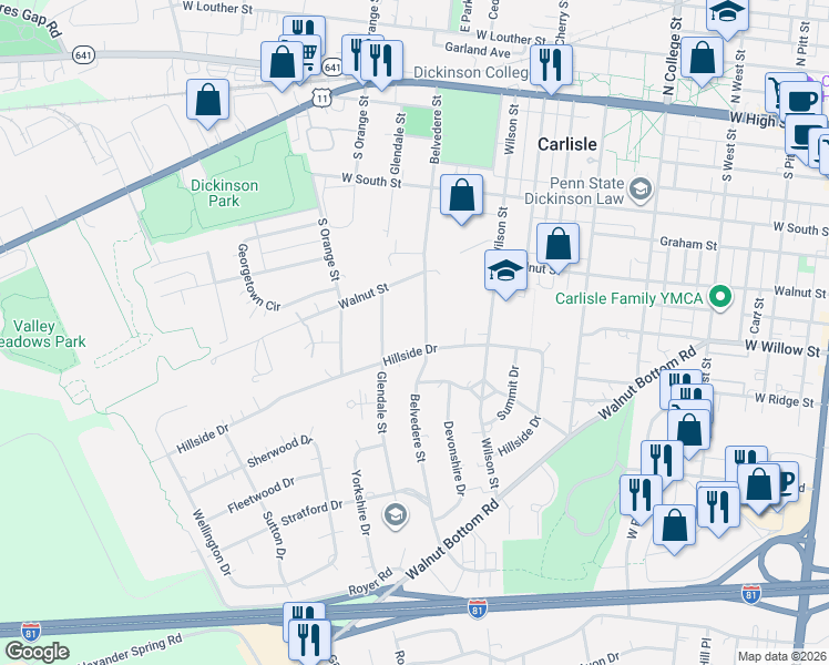 map of restaurants, bars, coffee shops, grocery stores, and more near 370 Belvedere Street in Carlisle
