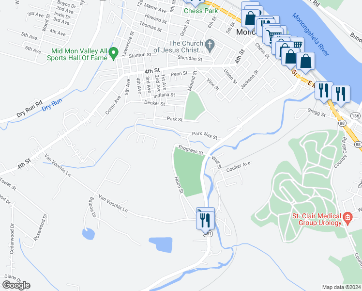 map of restaurants, bars, coffee shops, grocery stores, and more near 2 Park Way Street in Monongahela