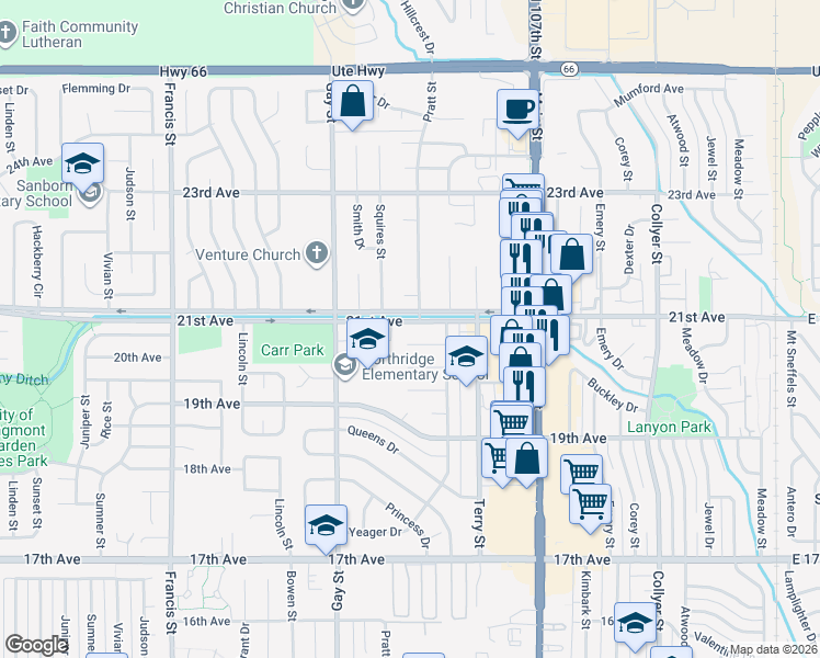map of restaurants, bars, coffee shops, grocery stores, and more near 1021 21st Avenue in Longmont