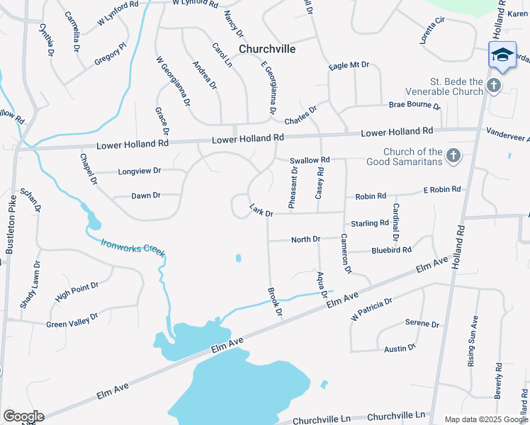 map of restaurants, bars, coffee shops, grocery stores, and more near 91 Lark Drive in Churchville