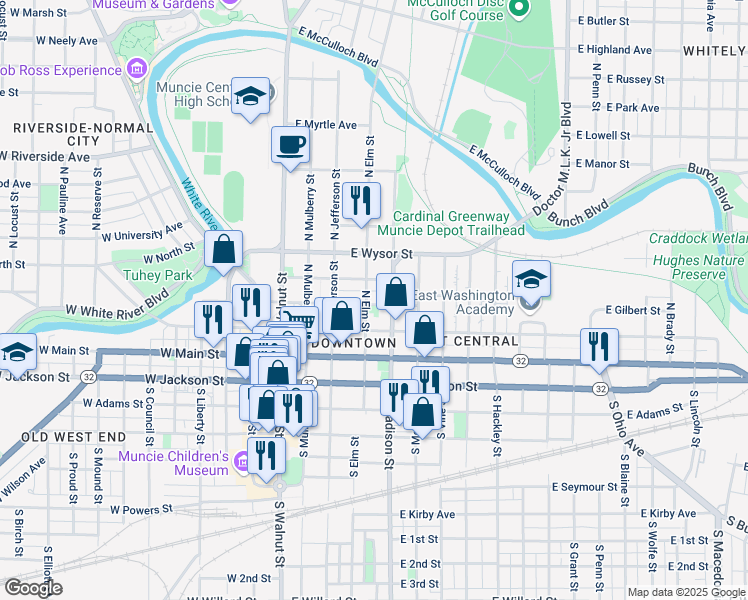 map of restaurants, bars, coffee shops, grocery stores, and more near 406 East Gilbert Street in Muncie