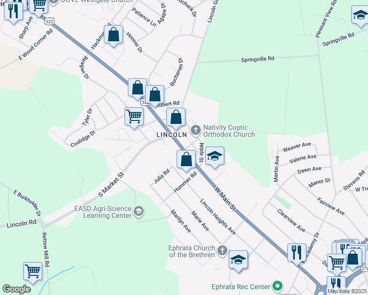 map of restaurants, bars, coffee shops, grocery stores, and more near 1351 U.S. 322 in Ephrata