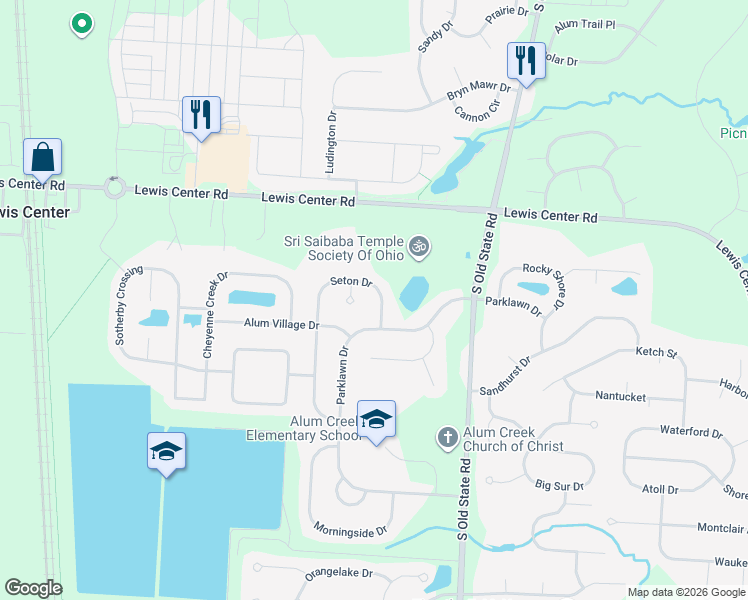 map of restaurants, bars, coffee shops, grocery stores, and more near 2470 Seton Drive in Lewis Center