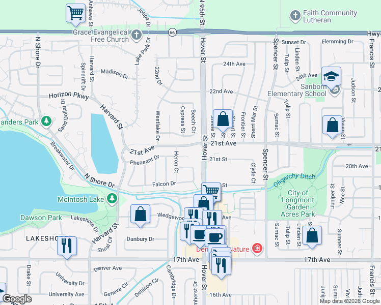 map of restaurants, bars, coffee shops, grocery stores, and more near 2500 Pheasant Drive in Longmont