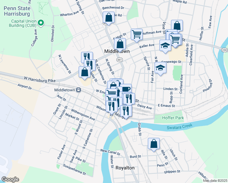 map of restaurants, bars, coffee shops, grocery stores, and more near 34 East Emaus Street in Middletown