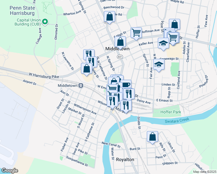 map of restaurants, bars, coffee shops, grocery stores, and more near 47 West Emaus Street in Middletown