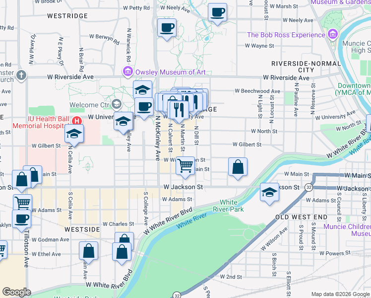 map of restaurants, bars, coffee shops, grocery stores, and more near 222 North Martin Street in Muncie