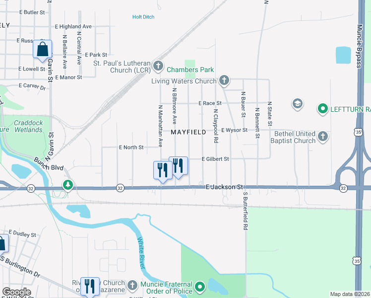 map of restaurants, bars, coffee shops, grocery stores, and more near 215 North Delawanda Avenue in Muncie