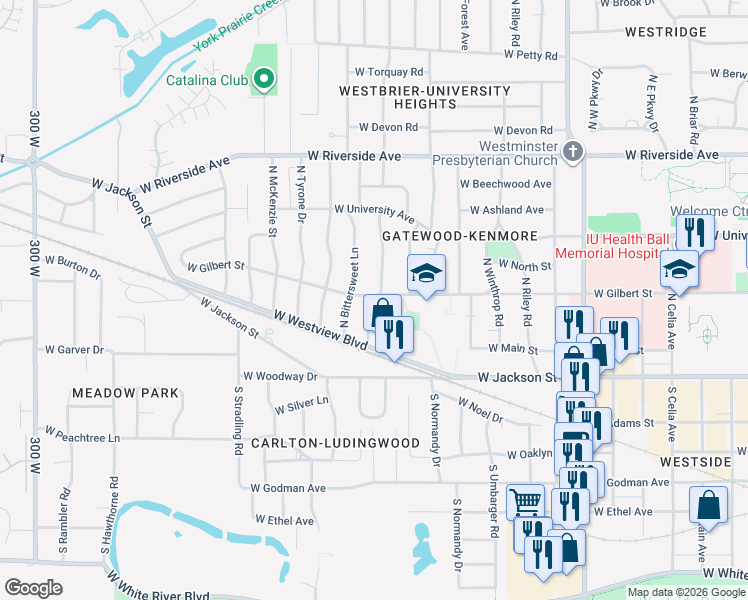 map of restaurants, bars, coffee shops, grocery stores, and more near 222 North Ridge Road in Muncie