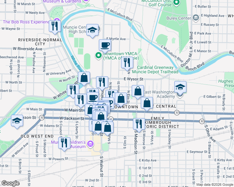 map of restaurants, bars, coffee shops, grocery stores, and more near 222 East Gilbert Street in Muncie