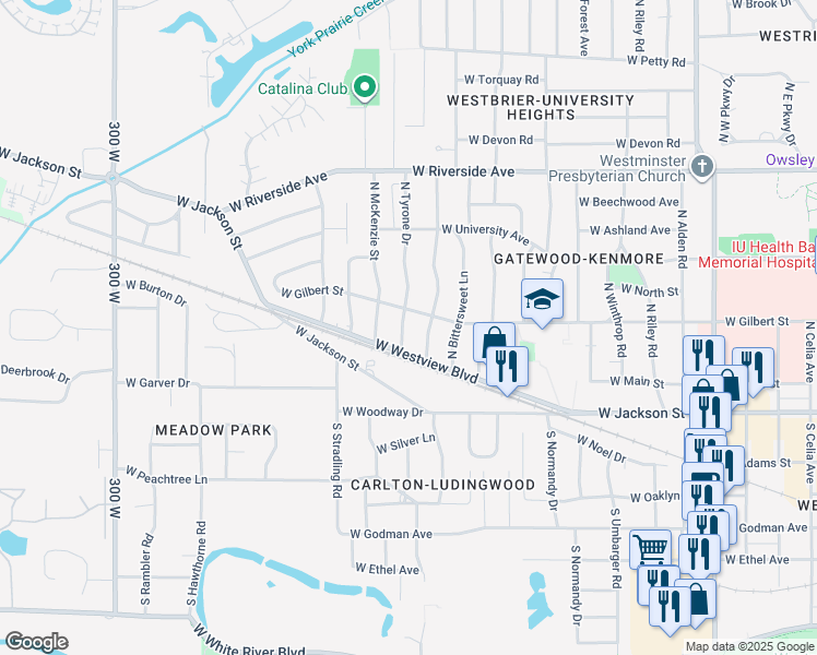 map of restaurants, bars, coffee shops, grocery stores, and more near 200 North Tyrone Drive in Muncie