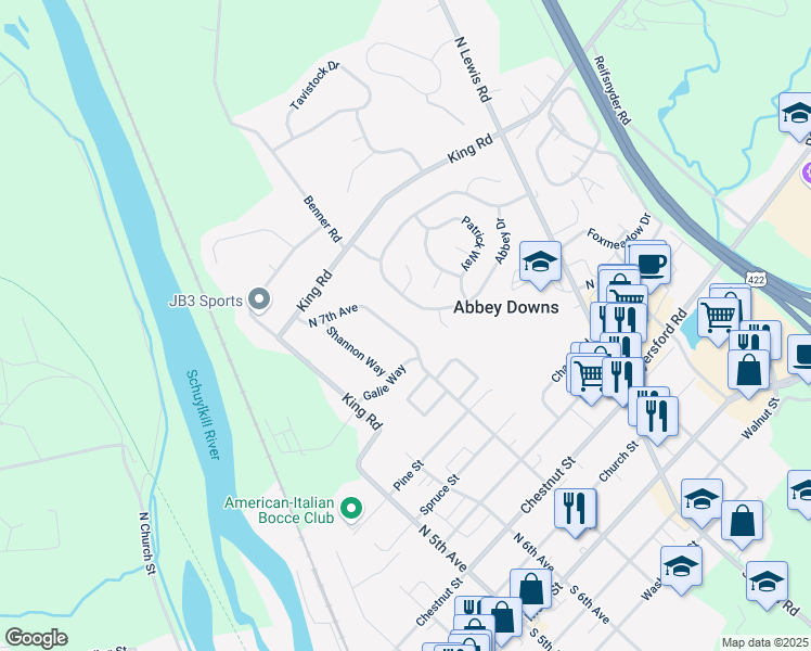 map of restaurants, bars, coffee shops, grocery stores, and more near 480 North 7th Avenue in Royersford