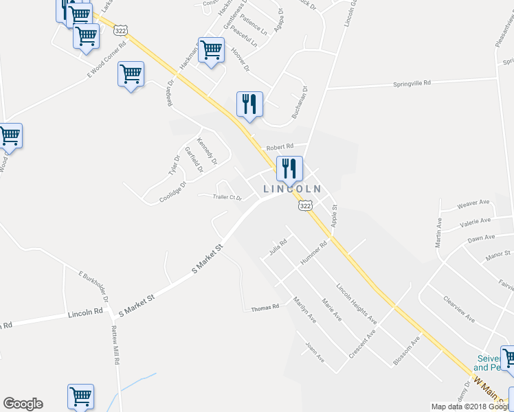 map of restaurants, bars, coffee shops, grocery stores, and more near 111 South Market Street in Ephrata