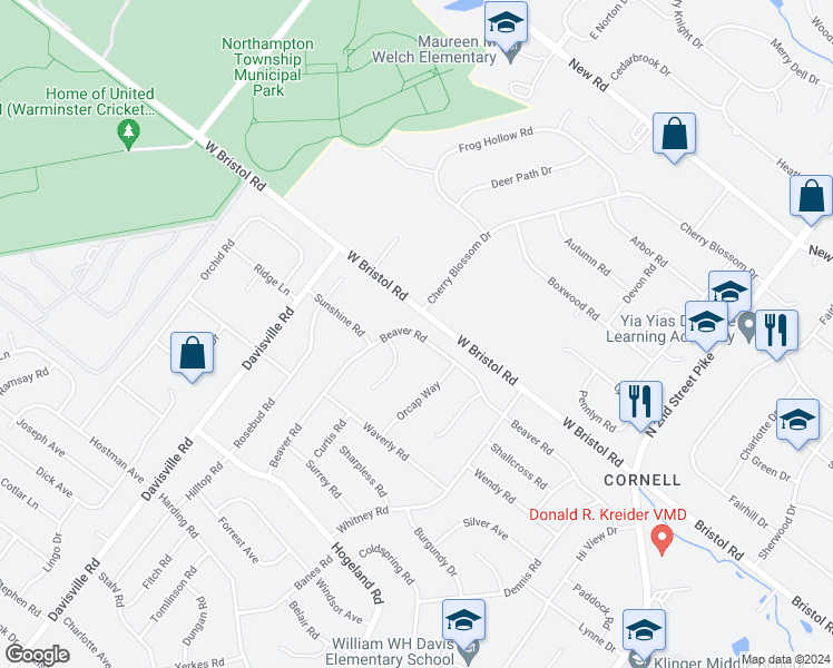 map of restaurants, bars, coffee shops, grocery stores, and more near 233 Beaver Road in Southampton