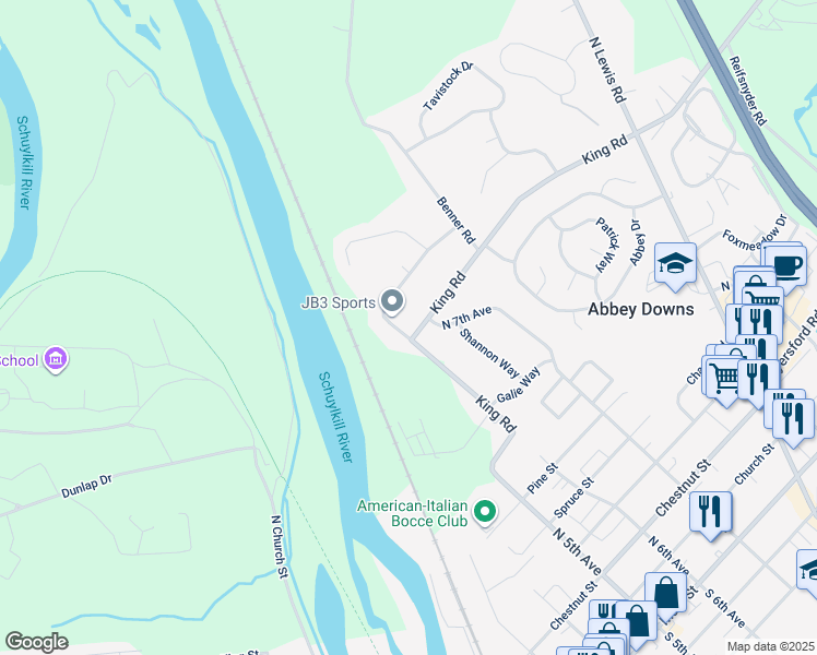 map of restaurants, bars, coffee shops, grocery stores, and more near 4 Walnel Drive in Royersford