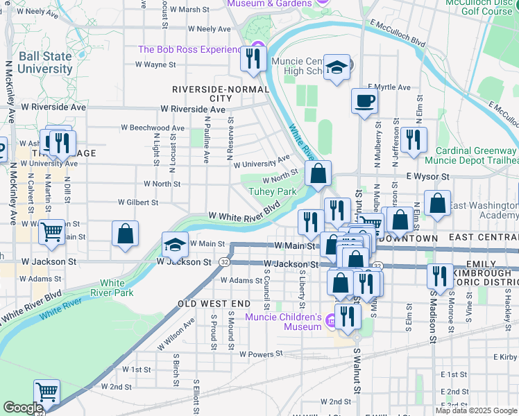 map of restaurants, bars, coffee shops, grocery stores, and more near 204 North Meeks Avenue in Muncie
