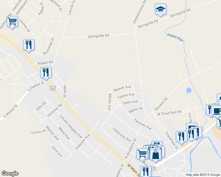 map of restaurants, bars, coffee shops, grocery stores, and more near 1366 Martin Avenue in Ephrata