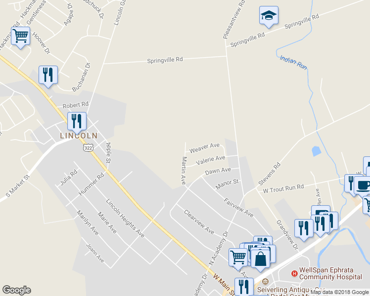 map of restaurants, bars, coffee shops, grocery stores, and more near 1368 Martin Avenue in Ephrata