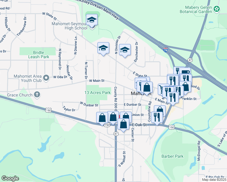 map of restaurants, bars, coffee shops, grocery stores, and more near 107 South Division Street in Mahomet