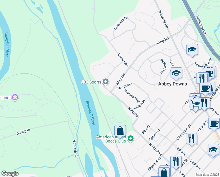 map of restaurants, bars, coffee shops, grocery stores, and more near 4 Walnel Drive in Royersford