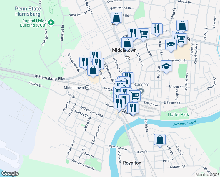 map of restaurants, bars, coffee shops, grocery stores, and more near 117 West Emaus Street in Middletown