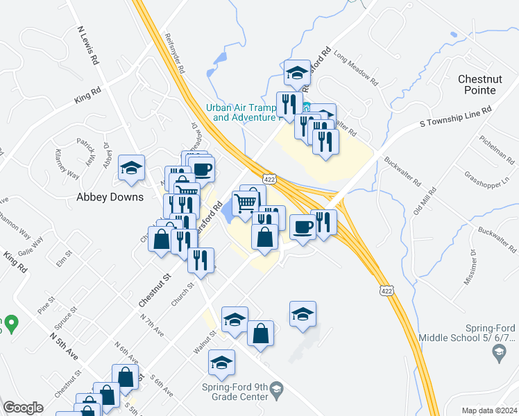 map of restaurants, bars, coffee shops, grocery stores, and more near 989 South Township Line Road in Royersford