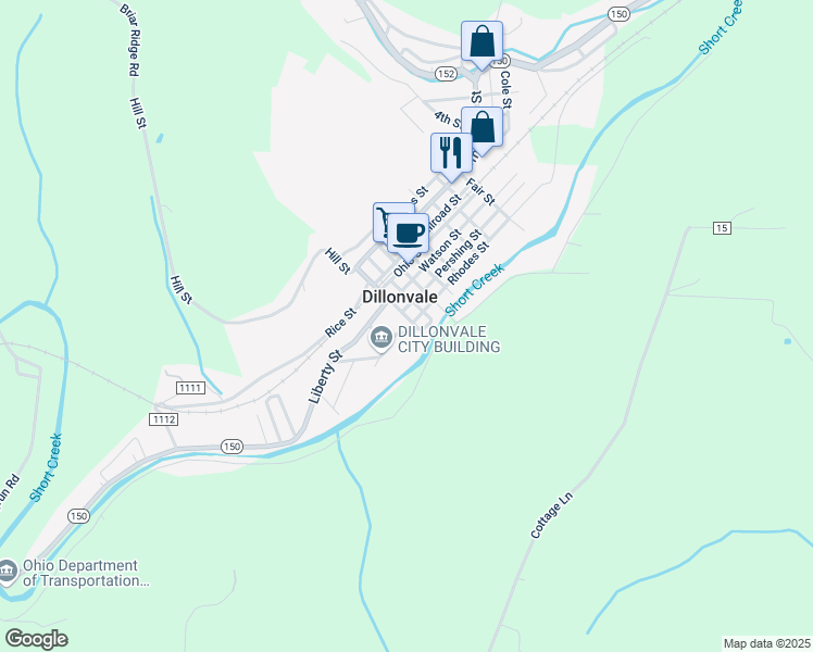map of restaurants, bars, coffee shops, grocery stores, and more near 153 Main Street in Dillonvale