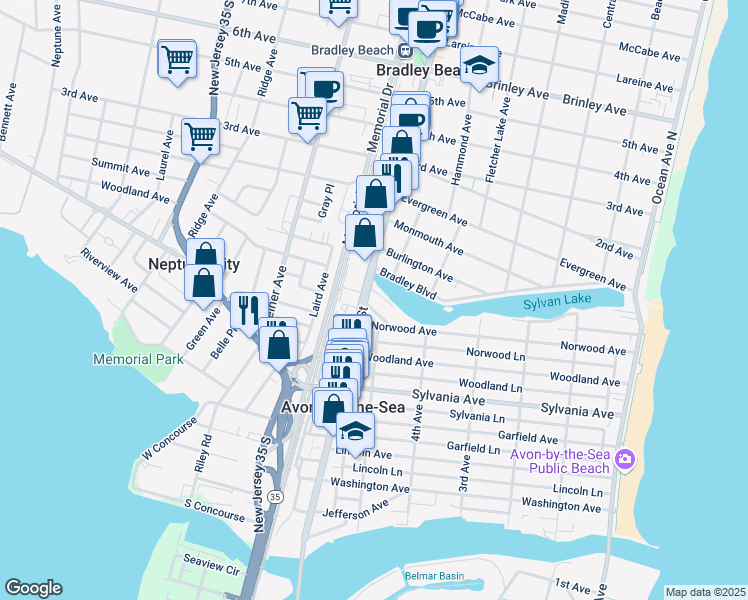 map of restaurants, bars, coffee shops, grocery stores, and more near 526 West End Avenue in Avon-by-the-Sea