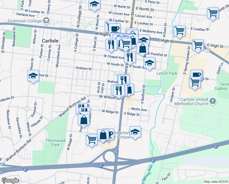 map of restaurants, bars, coffee shops, grocery stores, and more near 36 West Baltimore Street in Carlisle