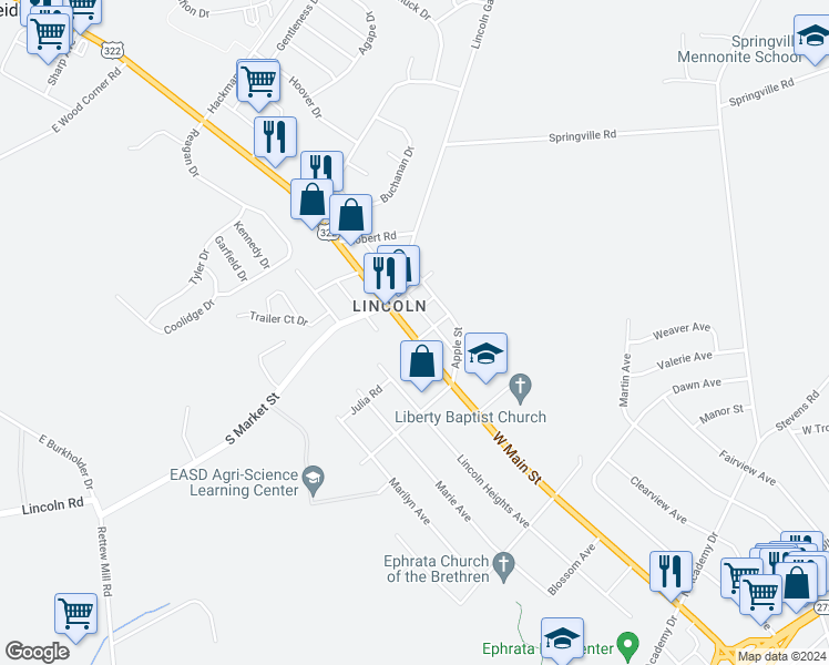 map of restaurants, bars, coffee shops, grocery stores, and more near 1359 West Main Street in Ephrata