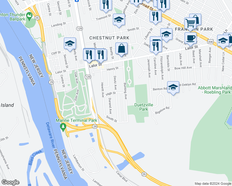 map of restaurants, bars, coffee shops, grocery stores, and more near Deutz Avenue in Hamilton Township