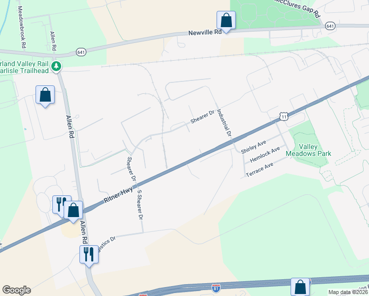 map of restaurants, bars, coffee shops, grocery stores, and more near 1627 Ritner Highway in Carlisle