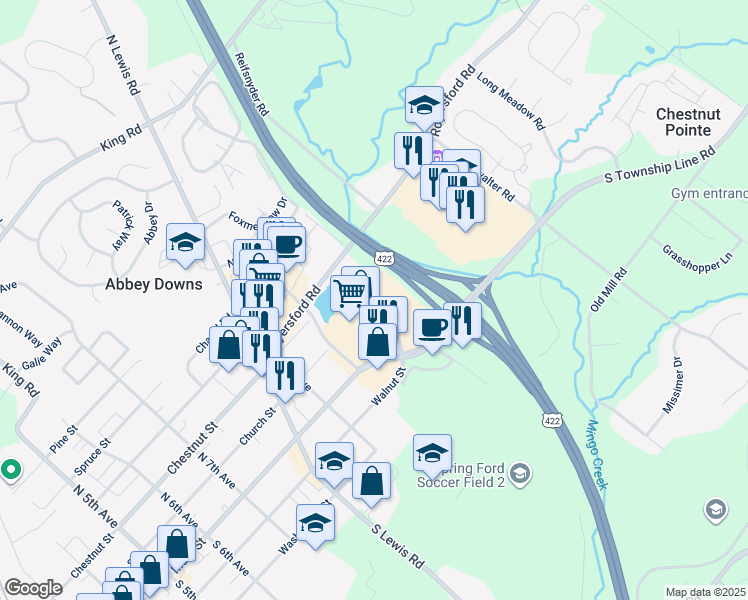 map of restaurants, bars, coffee shops, grocery stores, and more near 989 South Township Line Road in Royersford