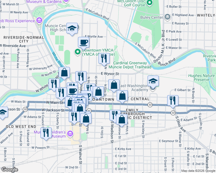 map of restaurants, bars, coffee shops, grocery stores, and more near 334 East Gilbert Street in Muncie