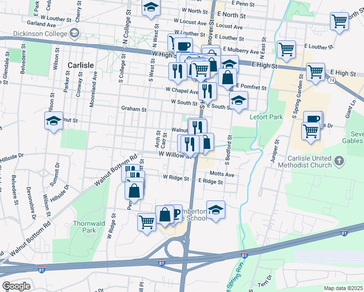map of restaurants, bars, coffee shops, grocery stores, and more near 40 West Baltimore Street in Carlisle
