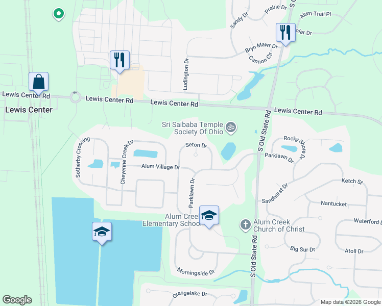 map of restaurants, bars, coffee shops, grocery stores, and more near 6032 Seton Court in Lewis Center